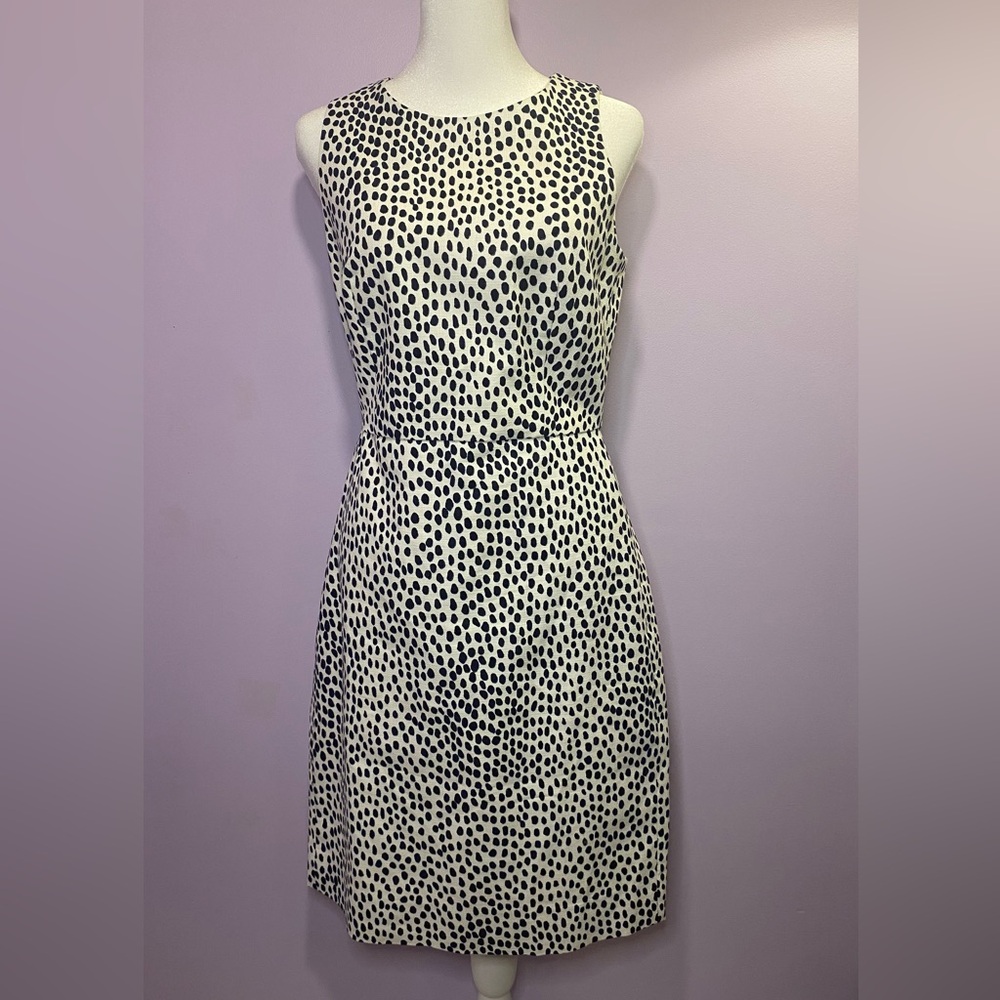J.CREW basket weave sheath midi dress ivory, black/blue spots, animal print 2